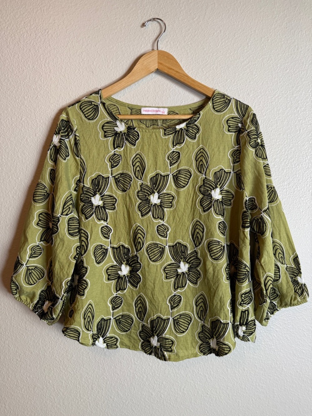 Boho Floral Peasant Blouse Olive Green Bell Sleeve Cottagecore Top Large